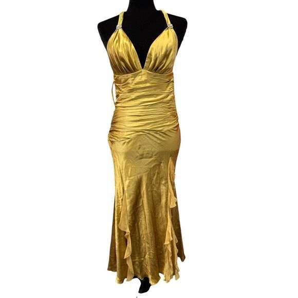 Cache Gold Silk Satin Halter Dress Size 2 NWT Vintage Glam Ruched Ruffle Gown - Picture 2 of 16